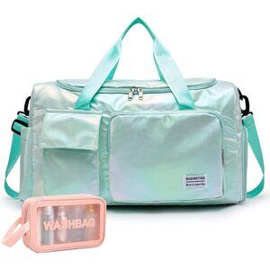 Women Green Shinny Small Gym Carry On Weekender Travel Shoe Compartment Bag
